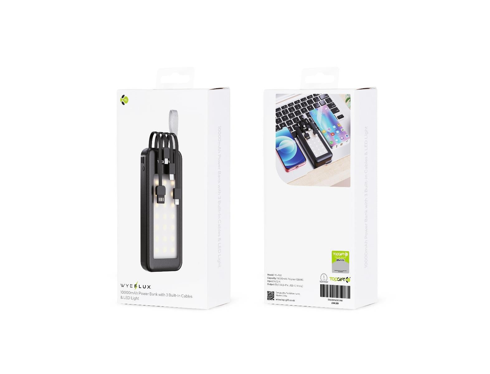 WYEFLUX 10000mAh Power Bank with 3 Built-In Cables & LED Light | Fast 2-5 Day UK Delivery