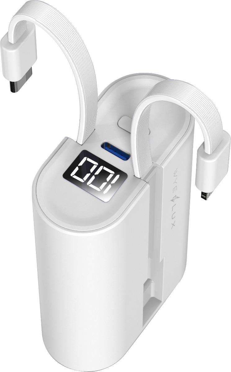 Sleek white WYEFLUX pocket power bank with built-in cables on a clean background