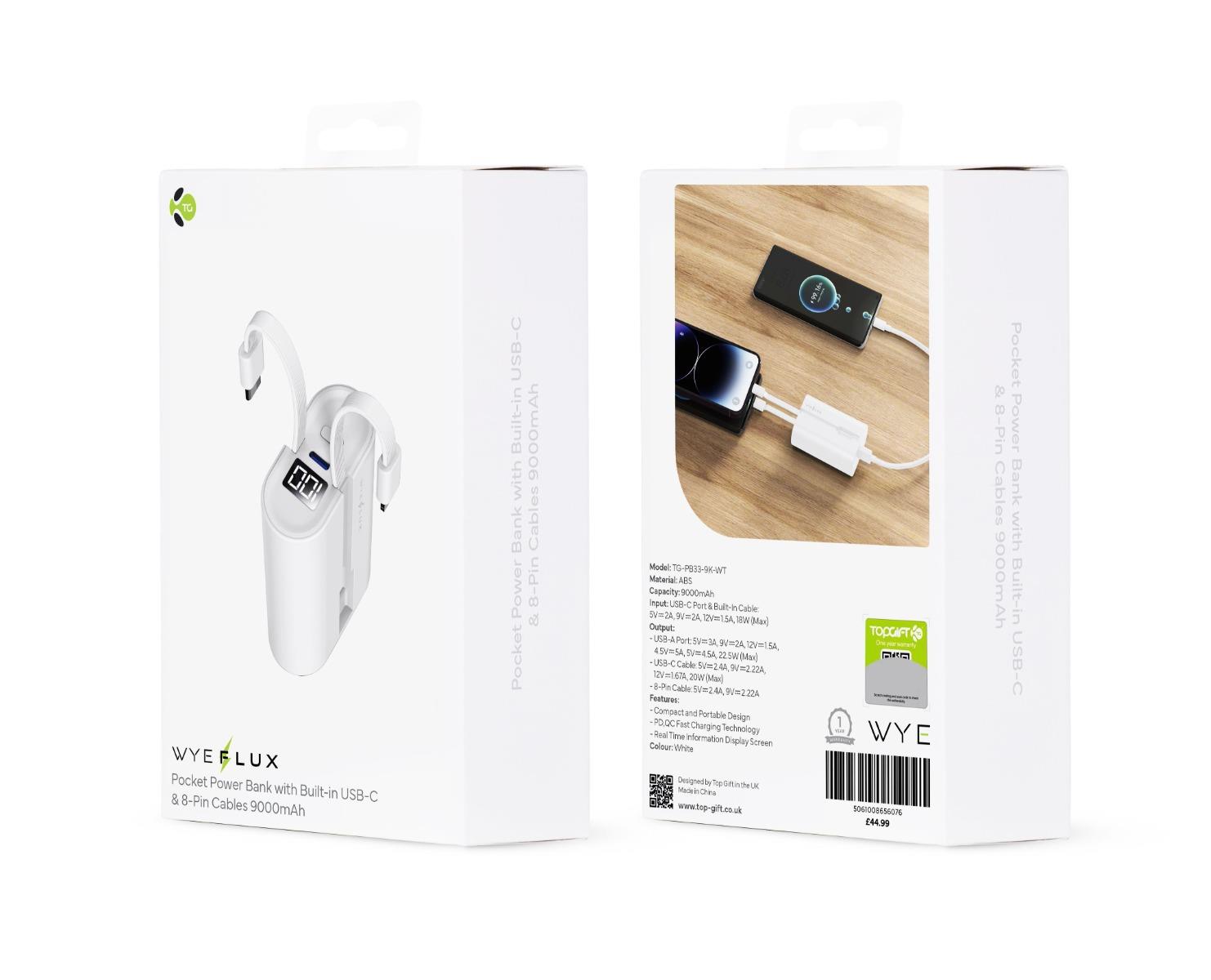 WYEFLUX Pocket Power Bank 9000mAh | Built-in USB-C & Lightning Cables | Fast 2-5 Day UK Delivery