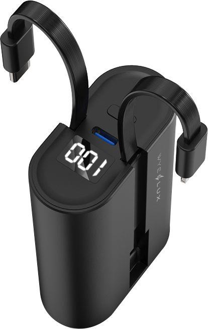 Sleek black WYEFLUX 9000mAh pocket power bank with built-in USB-C and Lightning cables, displayed on a light background.