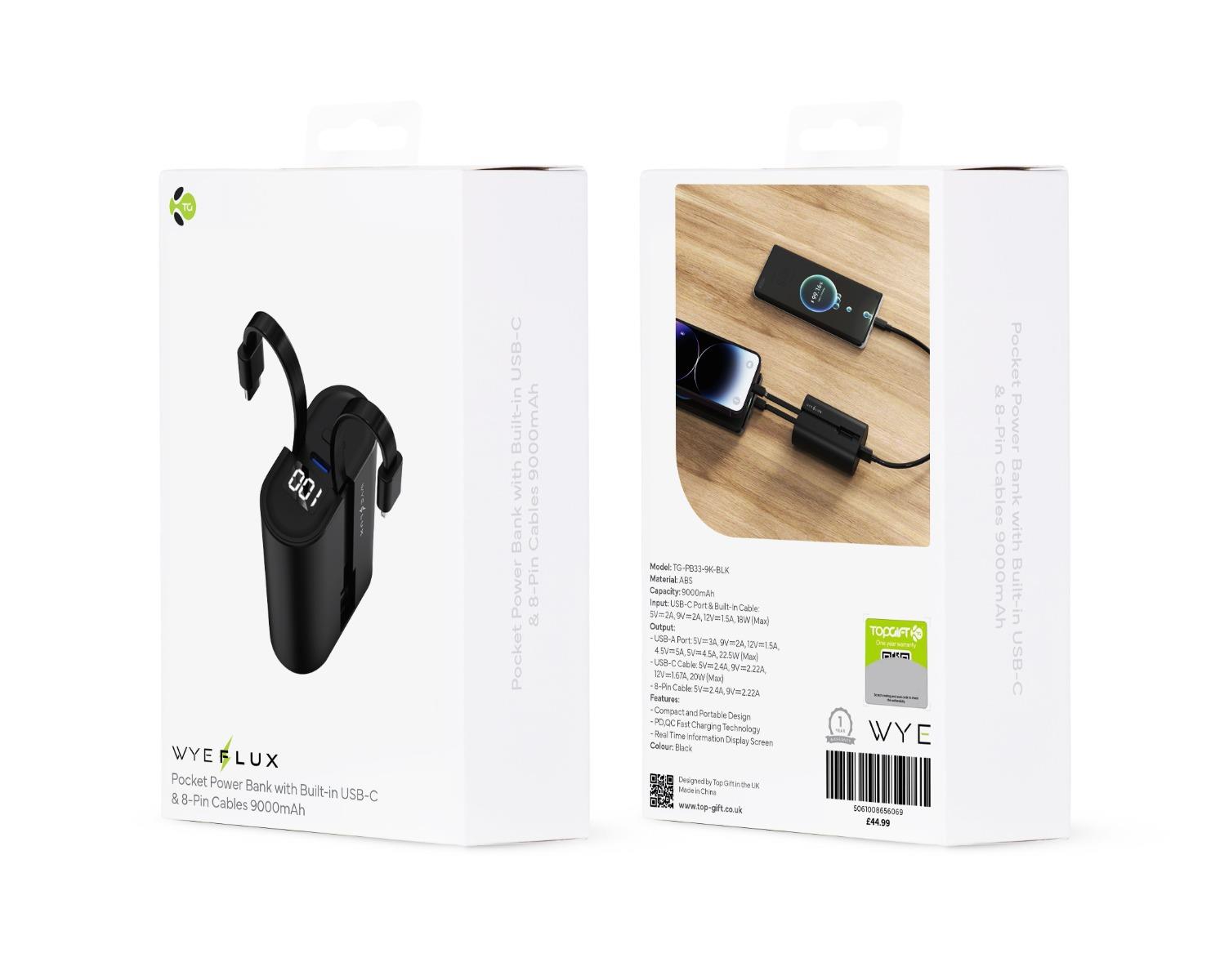 WYEFLUX Pocket Power Bank 9000mAh - Built-in USB-C & Lightning Cables | 22.5W Fast Charging| Fast 2-5 Day UK Delivery