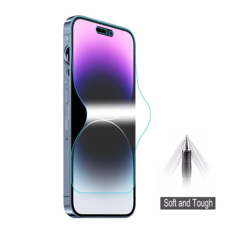 ENKAY Self-Repairing Hydrogel Screen Protector for iPhone 14 Pro Max, showing explosion-proof and anti-scratch protection