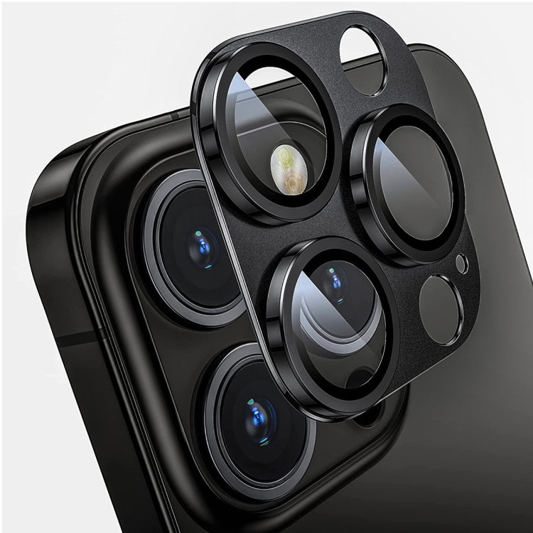 Close-up of the ENKAY Anti-Reflection Camera Lens Protector showing its sleek aluminium alloy frame and clear tempered glass, mounted on a smartphone