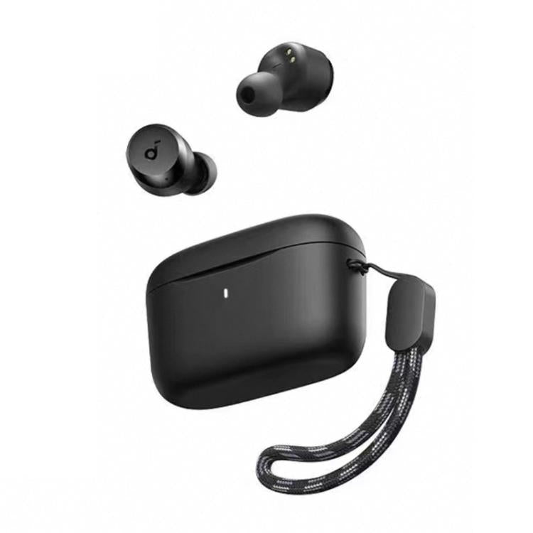 Anker SoundCore A25i candy-bin wireless earphones in a compact charging case with attached fabric lanyard in Black colour.