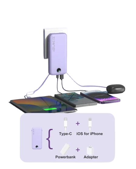 Voltique Hub 22.5W 3-in-1 Power Bank with Built-in AC Plug & Cables, charging phone and earbuds.