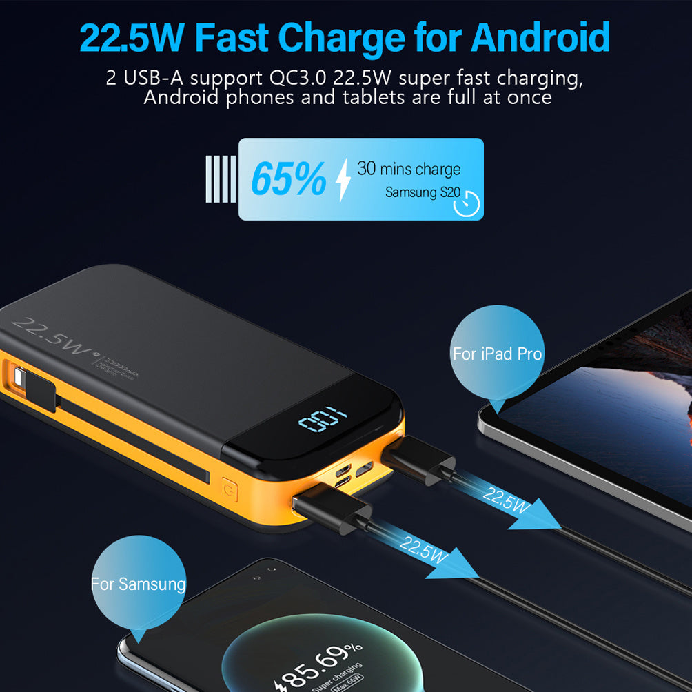 Voltique Hub 19,000mAh Power Bank with 2 Built-in Cables & Digital Display | 22.5W Super Fast Charging | for iPhone  | Fast USA Shipping