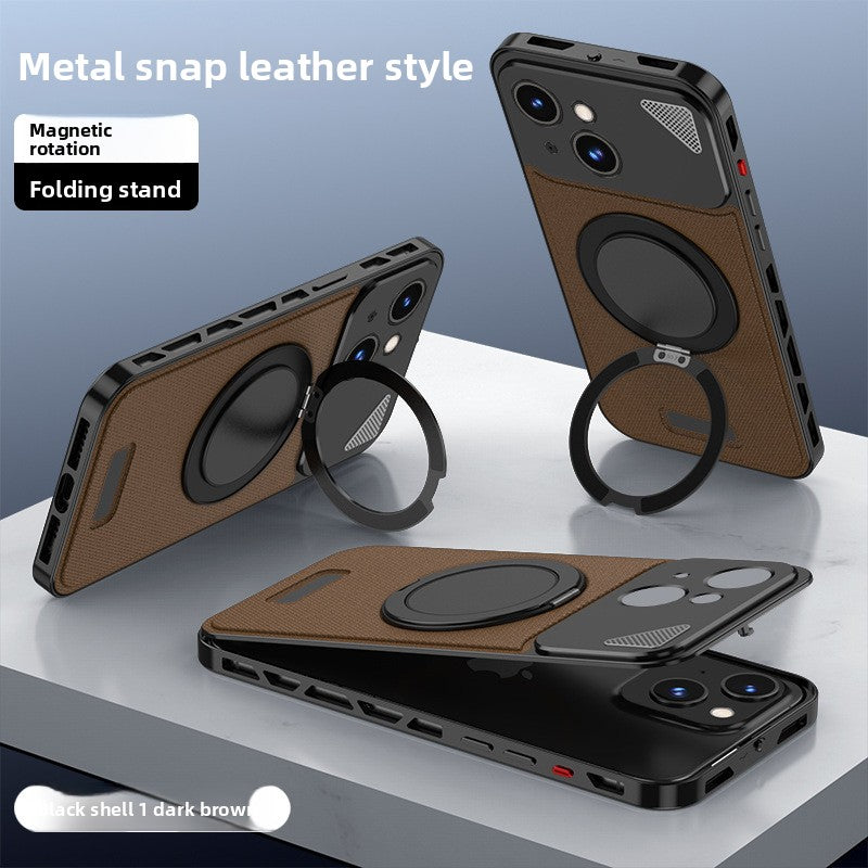 Voltique Hub Luxe Grip iPhone Case with Magnetic Stand - Premium Nappa Leather & Aluminium Alloy for iPhone 12 13 14 15 16 Series