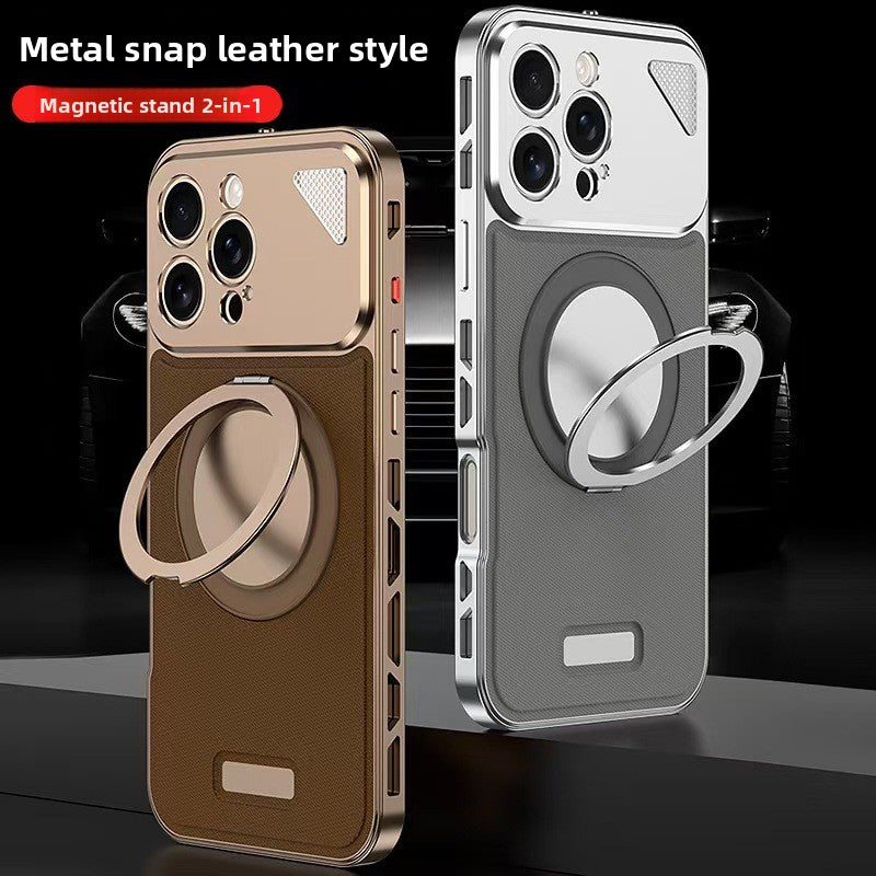 Voltique Hub Luxe Grip iPhone Case with Magnetic Stand - Premium Nappa Leather & Aluminium Alloy for iPhone 12 13 14 15 16 Series