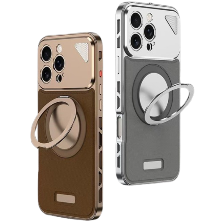 Premium Nappa Leather iPhone Case with Magnetic Stand for iPhone 12-16 Pro Max | Anti-Drop Protection & Heat Dissipation  in silver and gold colour | Voltique Hub