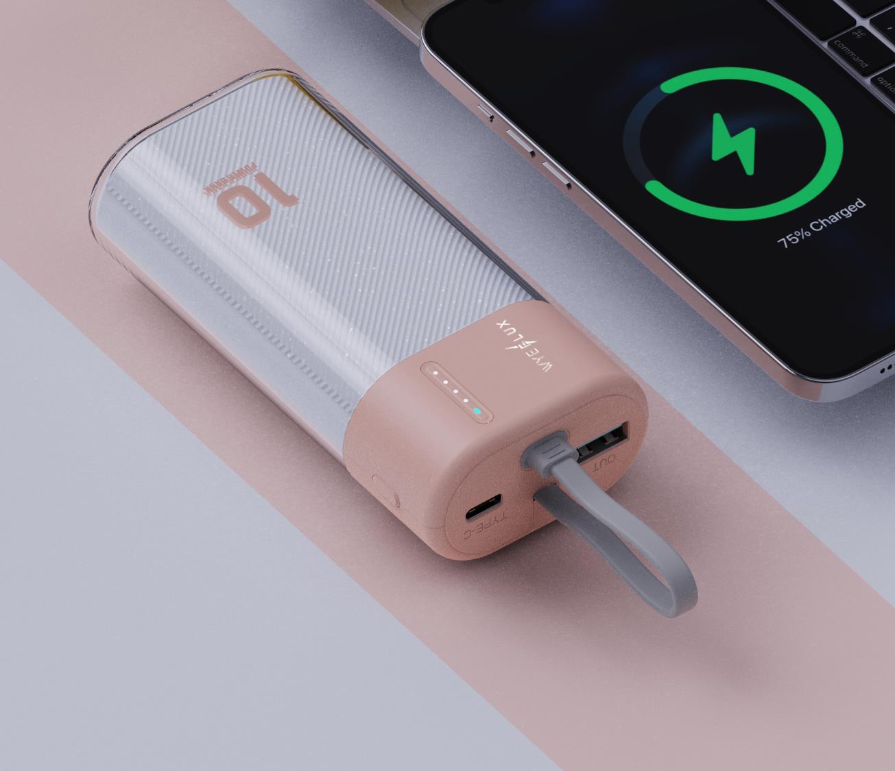 Sleek rose gold WYEFLUX mini power bank displayed on a marble background