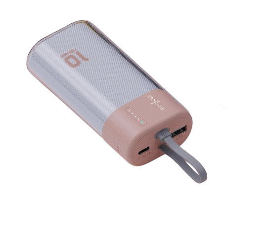 Rose gold WYEFLUX mini power bank on plain white background
