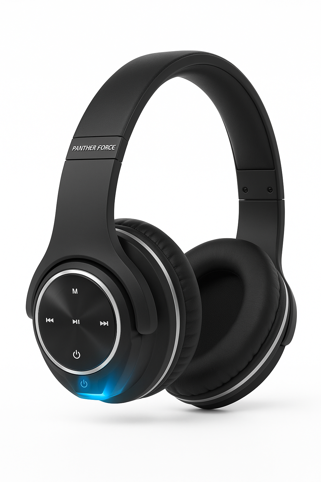 Panther Force PF219 wireless Bluetooth headphones featuring black over-ear design, padded ear cups, adjustable headband, and blue LED accent lighting