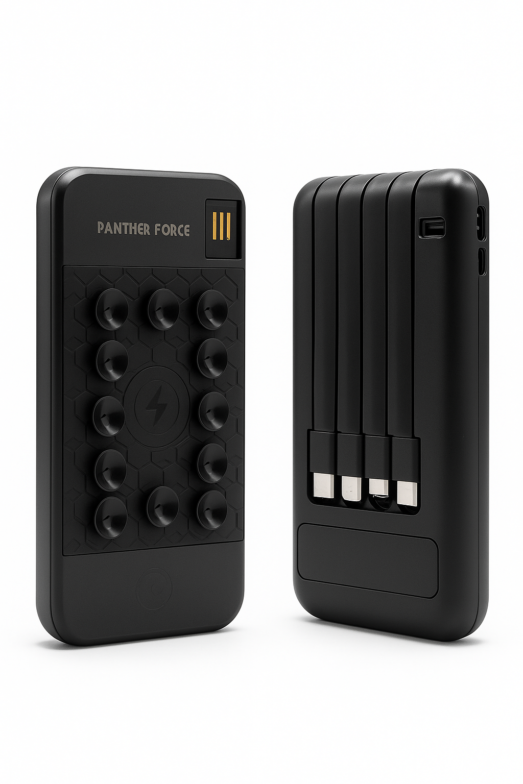 Panther Force PF163 wireless power bank showing both front wireless charging pad and back panel with multiple USB ports and charging cables
