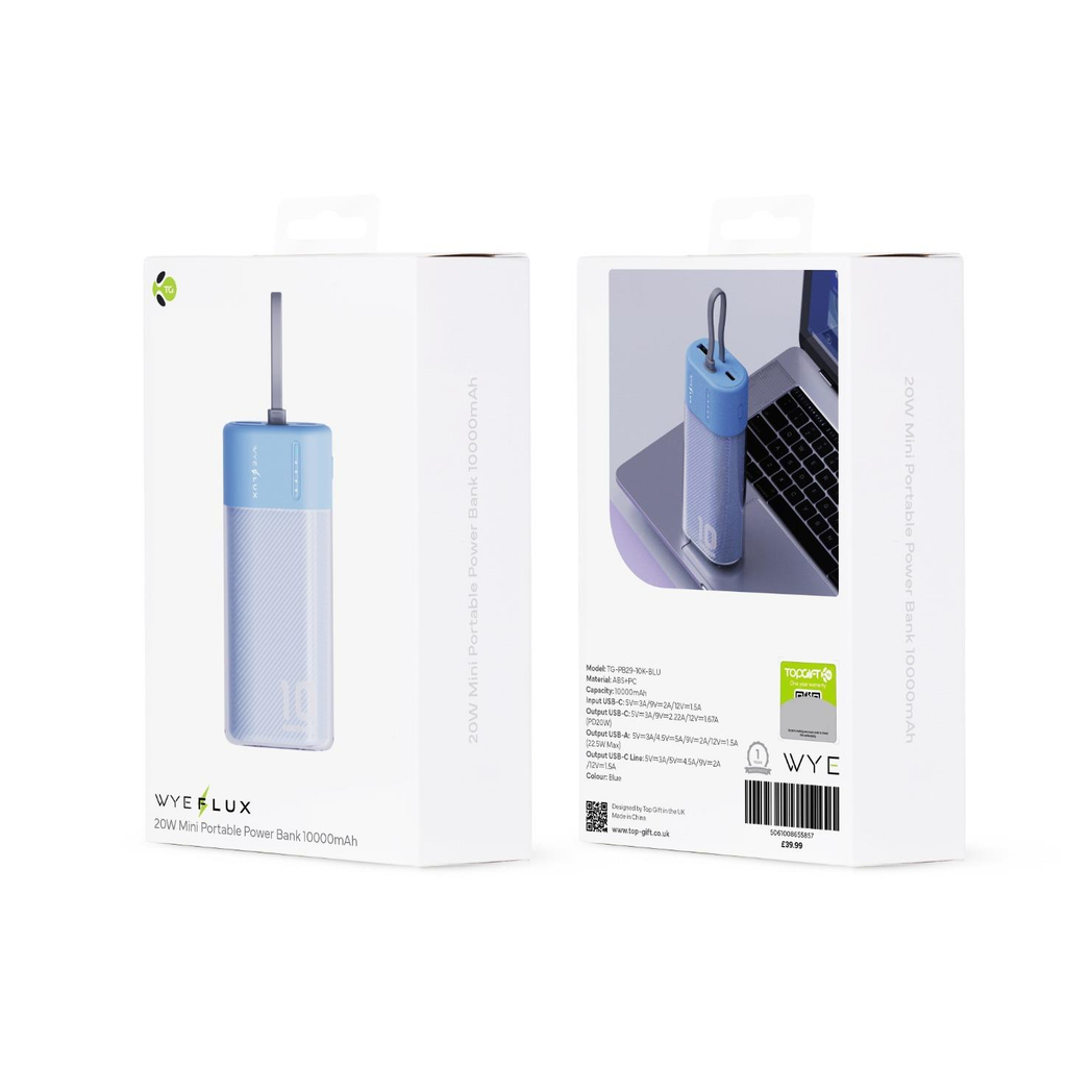 WYEFLUX 10000mAh Mini Power Bank - Blue | PD 20W Fast Charging | Fast 2-5 Day UK Delivery