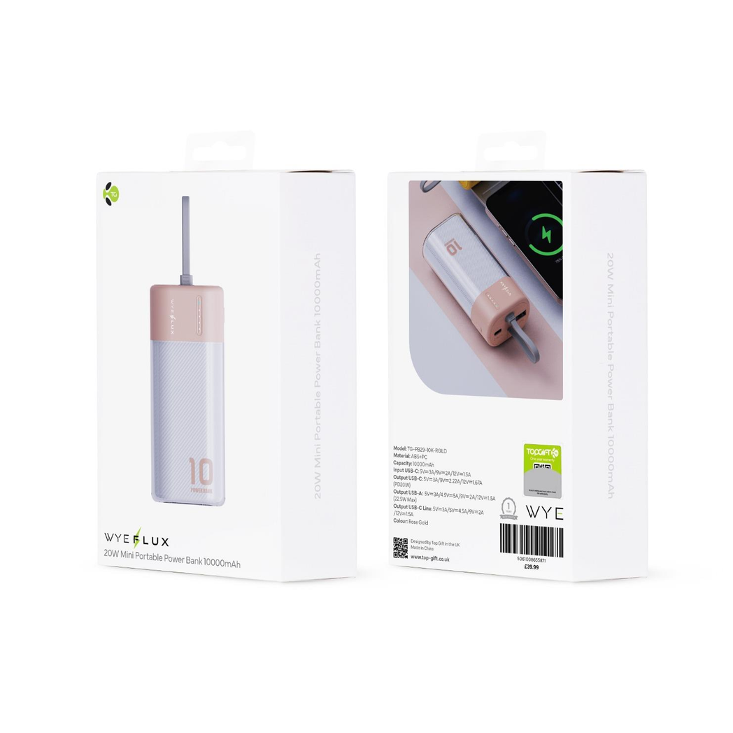 WYEFLUX 10000mAh Mini Power Bank - Rose Gold | PD 20W Fast Charging | Fast 2-5 Day UK Delivery
