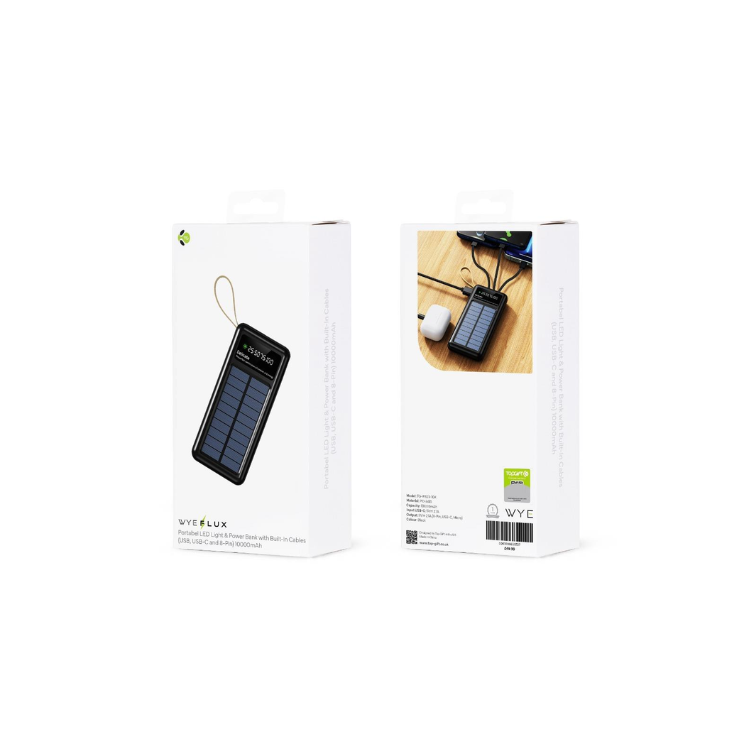 WYEFLUX 10000mAh Power Bank with LED Light & Built-In Cables | 3-in-1 Portable Charger | Fast 2-5 Day UK Delivery